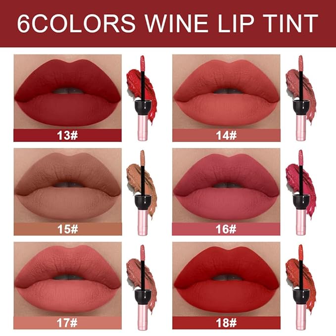 evpct 6Pcs Wine Bottle Lip Tint Stain 6 Colors Waterproof Red Matte All Day Liquid Lipstick Lip Gloss Sets for Women Magic Lipstick 24 Hours Original labiales magicos 24 horas originales Peel off 03