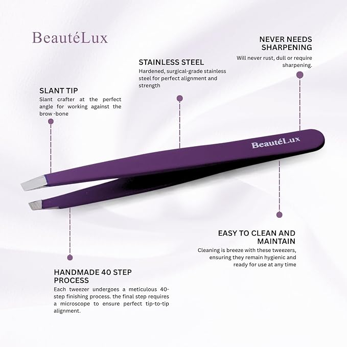 Slant Tip Eyebrow Tweezer for women & men, Stainless Steel Tweezers, Stocking Stuffer for women & men Facial Hair Removal tweezers for Chin hair, Ingrown Hair tweezer, Purple Travel tweezers with case