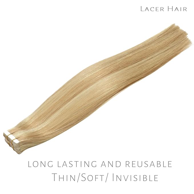 Lacer Hair Extensions Tape in Human Hair Natural Remy Seamless PU Skin Weft 100% Real Virgin Hair Ombre Golden Blonde to Platinum Blonde Double Side 50g 20pcs/set 20 Inch, P#12/60