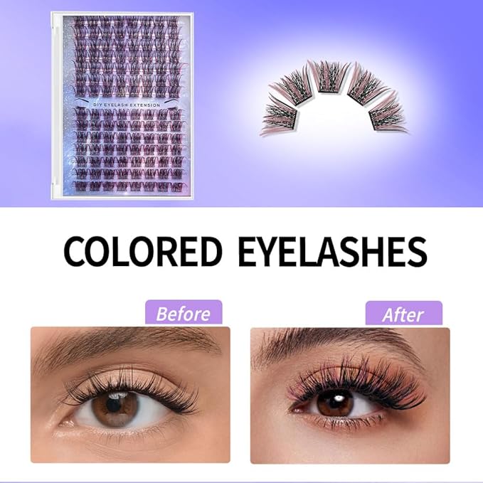 Colored False Eyelashes DIY Lash Clusters Kit Lash Extension Kit Natural Volume Lash Extensions Wispy Eyelash Clusters Individual Lashes Kit D Curl 9#(Black&Rose Red)