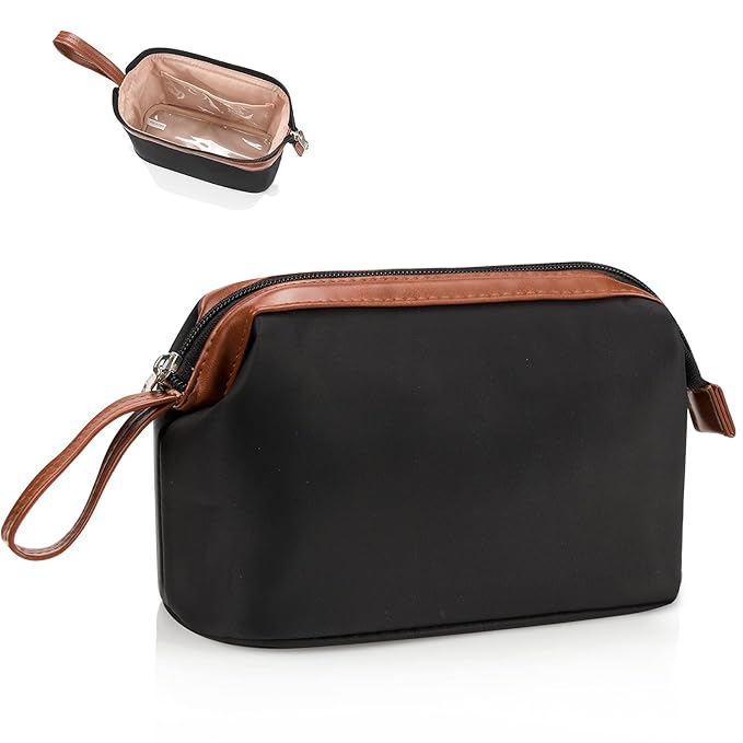 OCHEAL Travel Makeup Bag, Small Cosmetic Bags for Women,Large Capacity Portable Cosmetic bag Storage Organizer for Purse Everyday Use (Small,Black-Brown)