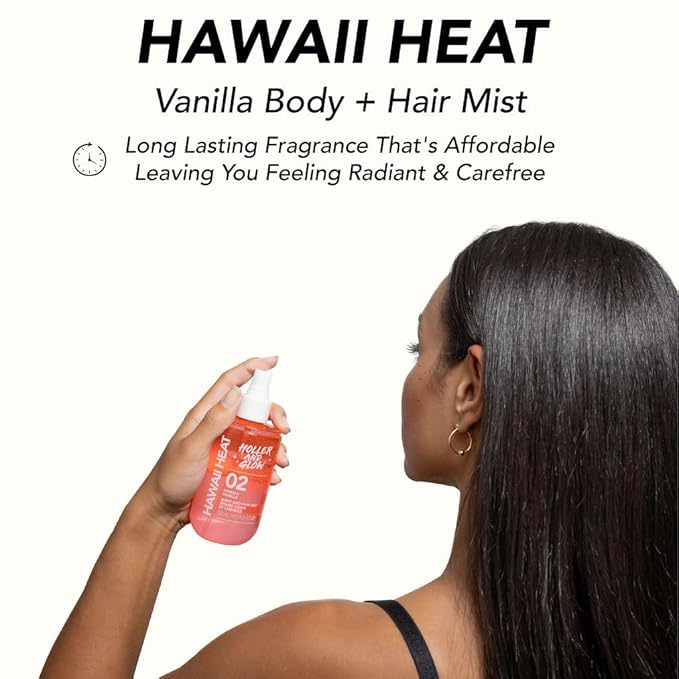 Holler and Glow Hawaii Heat Body & Hair Mist, Warm Vanilla, Peony & Amber Scent, Long-Lasting Daily Fragrance, Lightweight, Vegan, Cruelty-Free, Alcohol-Free, Hydrating Hair Perfume, 8.11 Fl Oz