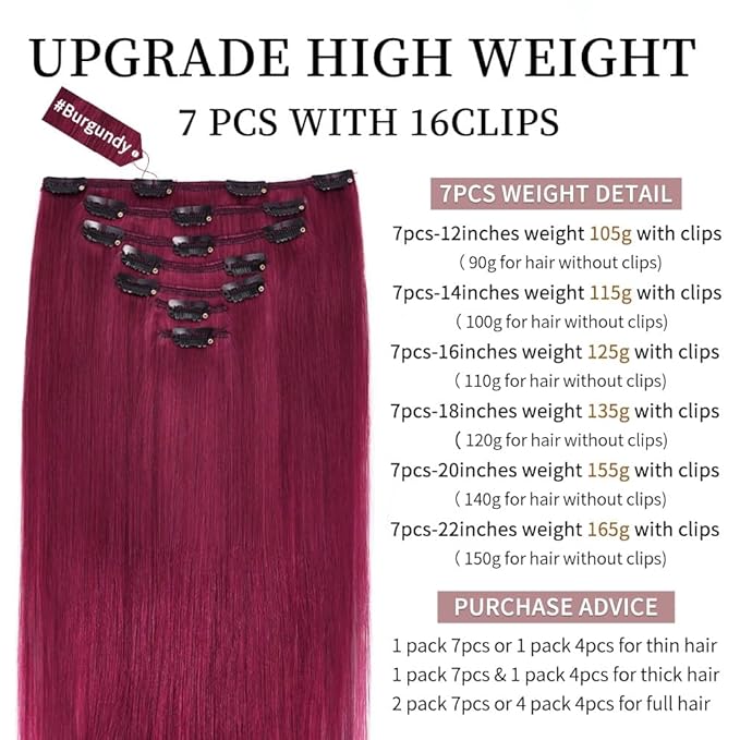 18 Inch Clip-in Hair Extensions Remy Human Hair for Women - Soft Handmade Real Human Hair Clip in Extensions, Straight, Thick, 135g 7pcs #Burgundy Color