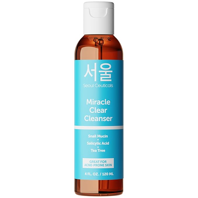 SeoulCeuticals Korean Acne Snail Cleanser Face Wash - Snail Mucin, Salicylic Acid & Tea Tree Acne Treatment for Sensitive Skin & K Beauty Glow 4oz