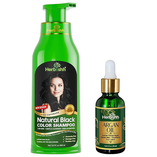 Herbishh Black Hair Color Shampoo - 3-In-1 Magic Dye for Gray Hair 500 Ml + Argan Oil for Dull, Dry Damaged Hair 30ML