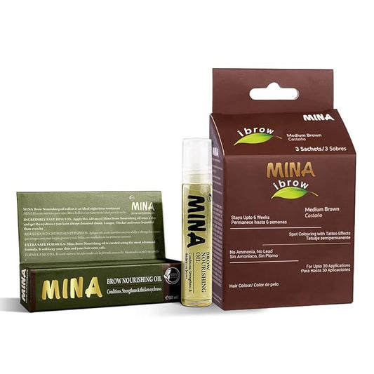 MINA ibrow Henna Medium Brown Tint Set with Nourishing Oil No Ammonia Vegan & Cruelty Free Up to 30 Applications Instant Eyebrow Tint Set with Tattoo Effect