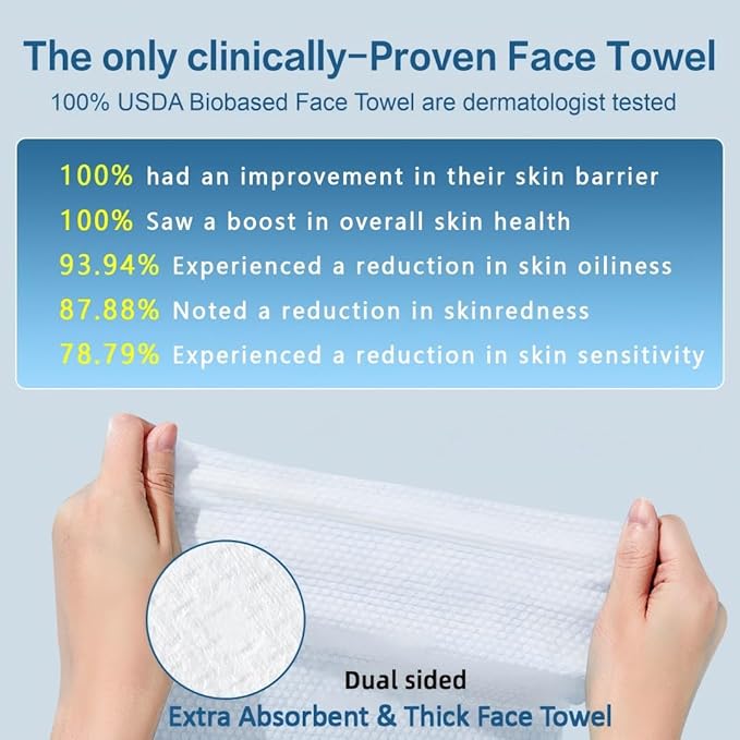 Disposable Face Towels 100% USDA Biobased Makeup Remover Dry Wipes Face Towelette, 10in X 12in Large Size Super Soft & Thick Face Cloths for Sensitive Skin 50 Ct /1 Pack