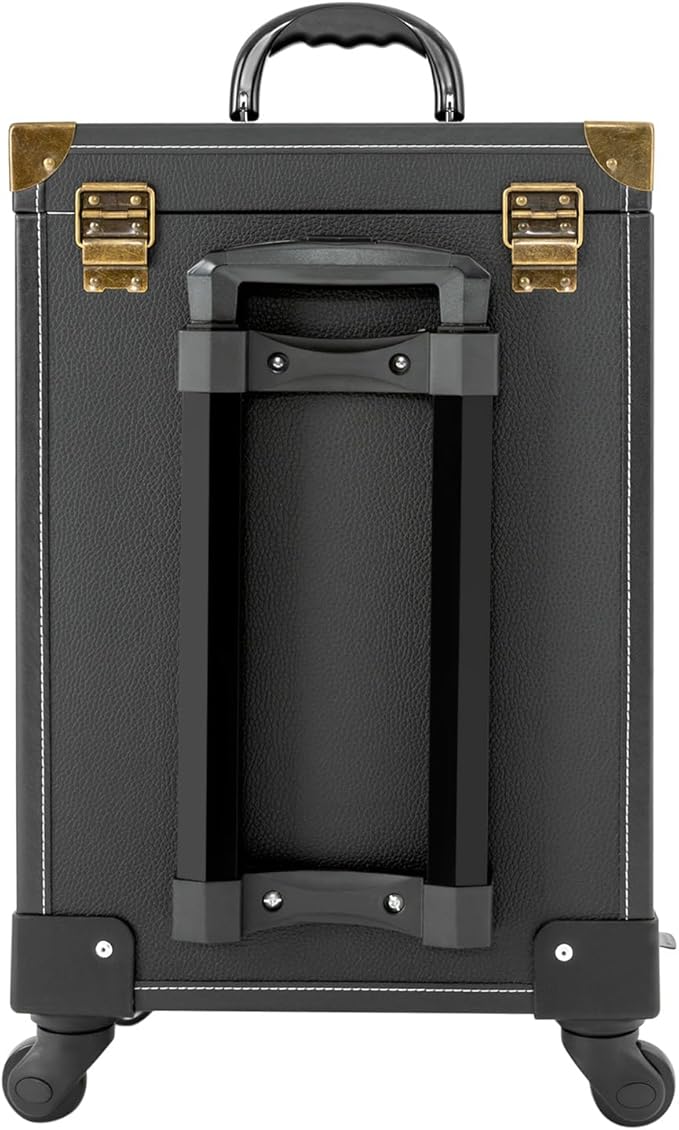 Makeup Train Case, Rolling Makeup Trolley Case, 3 Tiers Lockable Nail Polish Organizer with 2 Keys 4 Wheels (2 with Brakes) for Travel Makeup Artists Nail Technicians (Black Case, Tan Lock)