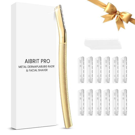Dermaplaning Tool for Face, Dermaplane Razor for Peach Fuzz with Metal Grip, Professional Eyebrow Razor for Women, Facial Razor for Women Gold (12 Replaceable Blades)