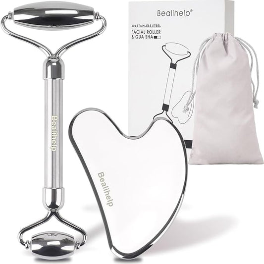 Face Roller and Gua Sha, Stainless Steel Facial Roller and Guasha Tool for Face, Skin Care Roller for Wrinkles and Lifting, Improve Puffiness, Metal Face Massager for Eyes, Neck Tighten