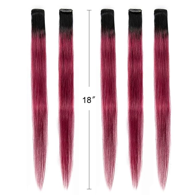 WINSKY Burgundy Ombre Clip in Colored Hair Extensions- Hairpiece for Women Clip on 5 Pieces/set (18 Inch,1B-Burgundy)