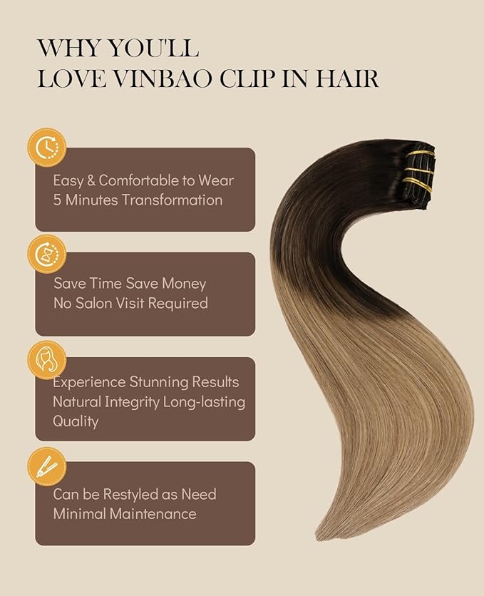 VINBAO Clip in Extensions Human Hair 18 Inch 6pcs Clip in Soft Hair Extensions Easy to Install 120 Grams Color 1B/4/27 Dark Roots to Blonde Balayage Color(#1B/4/27,18'')