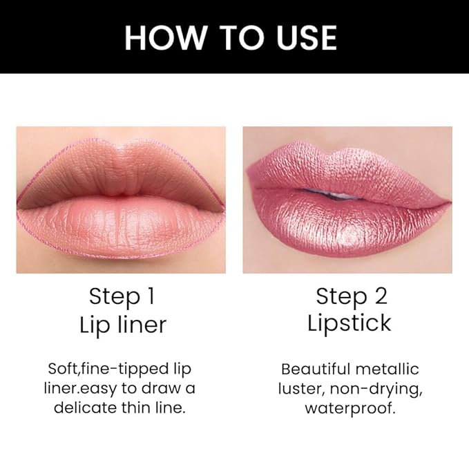 evpct 3Pcs Light Pink Nude Brown Metallic Shine Shimmer Lip Liner and Lipstick Combo Set Kit for Women, Lightweight Hydrating Formula High Impact Full Coverage Lipstick and Lip Liner Makeup Gloss