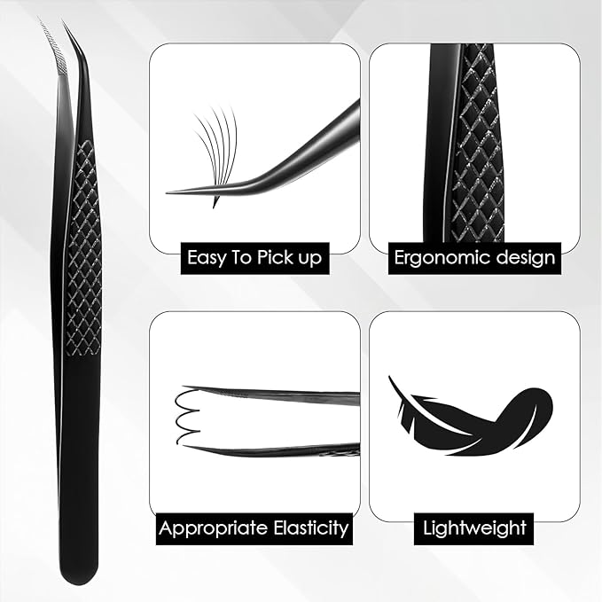 Lash Tweezers for Eyelash Extensions, Curved Degree Grip Isolation Tweezers Black Stainless Steel Professional Lash Tweezer for Individual Isolation and Classic Lashes