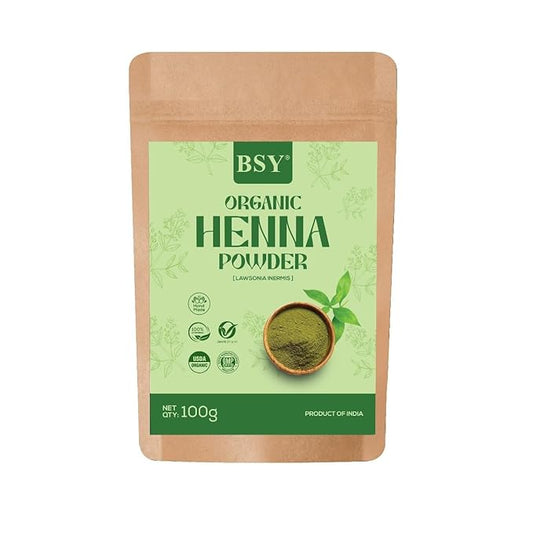 BSY Organic Henna Powder 100g | 100% Natural Lawsonia Inermis Hair Color | Chemical-Free Herbal Mehndi for Soft, Smooth & Shiny Hair | Safe Plant-Based Dye for Men & Women