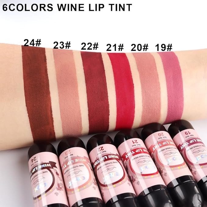 evpct Wine Lip Tint Stain 6 colors Set Long Lasting Waterproof, Mauve Light rosey nude Ruby red Dark red Light pink beige Red brown 6 Wine Bottles Shades Colored Lip Tint Stain Liquid Lipstick Set 04