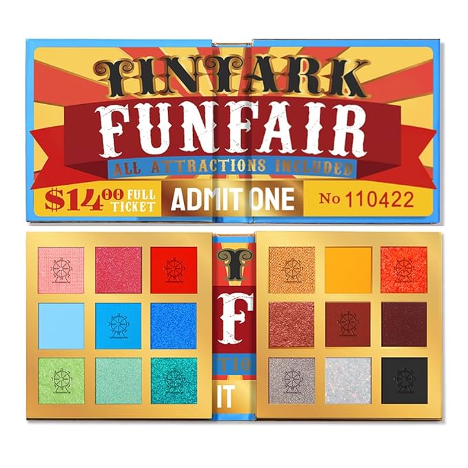 18 Color Funfair Eyeshadow Palette, Carnival Party Eyeshadows, Gold Slivery Black White Yellow Orange Brown Bronzer Red Blue Purple Green Eye Shadow Palettes, Glitter Matte Shimmer