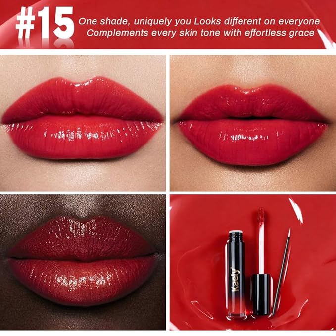 Kaely Longwear Shine Lipstick for Women, Highly Pigmented Liquid Lip Color Makeup, Non-Transfer Lip Gloss Stain Waterproof Smudge Proof 24 Hour, Glossy Finish, Vegan & Cruelty-free, 15 WICKED