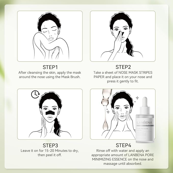 LANBENA 3 in 1 Blackhead Removing Set, Bamboo Charcoal Pore Strips 30g+Pore Serum 30ml, Black Head Remover Mask for Face, Pore Minimizer & Reducer for Face, Leaving Your Skin Fresh and Clean
