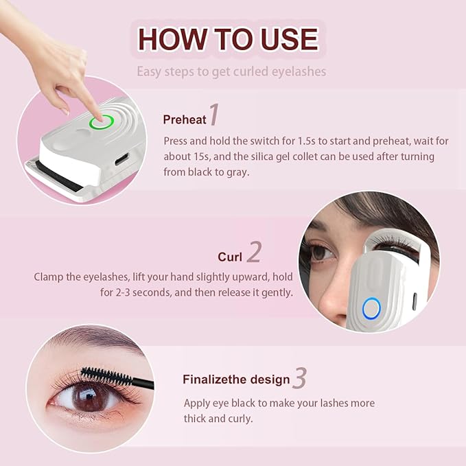 Heated Eyelash Curlers Electric Eyelash Curler USB Rechargeable Eyelash Curlers Natural Curling for Long Lasting Eye Lashe Women Makeup Tools Gift (White)