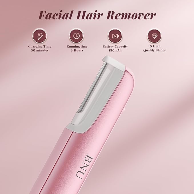 Dermaplane Razor for Women Face, BNU Facial Hair Remover for Anti-Aging - Rechargeable - LED Light - Sonic Edges - 3 Speeds, Ergonomic Handle Face Dermaplaning Tool 10 Weeks, Pink