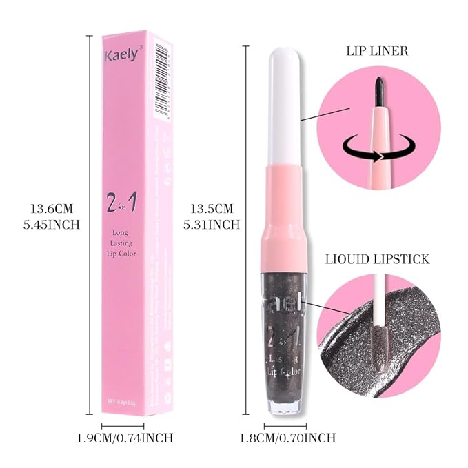 Kaely 2-in-1 Black Coal Metallic Lipstick and Lip Liner, Shimmer Liquid Metallic Lipsticks for Women, Glitter Lip Gloss Stain Long Lasting Waterproof Smudge Proof 24 Hour, Vegan Makeup, 17