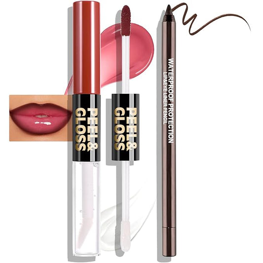 Peel Off Lip Stain & Brown Lip Liner, 2-in-1 Matte Lip Tint Stain Peel Off With Moisturizing Lip Gloss Long Lasting Lip Combo Highly Pigmented Color Lip Liner Pencil Non-Stick Cup Easily Apply