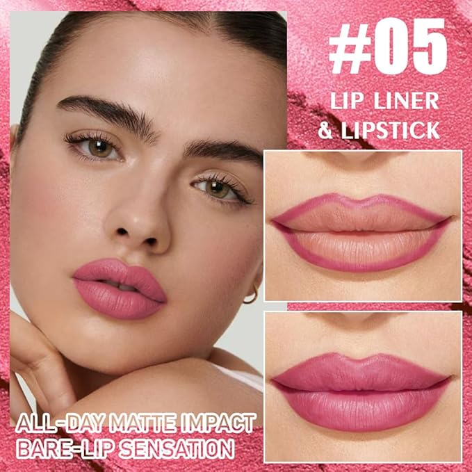 2-in-1 Rose Red Matte Lip Liner & Lipstick Combo Set,Lips Kit with Lip Liner Lip Stains Long Lasting Waterproof Smudge Proof for Older Women 24 Hours Lipliners Pencil Lipstick Makeup Gift Kit,Vegan