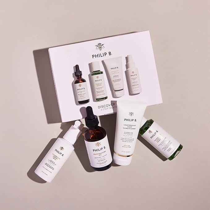 Philip B. 4 Step Discovery Kit - Includes Peppermint Avocado Shampoo, Rejuvenating Oil, Detangling Toning Mist & Lightweight Deep Conditioner, 2 fl oz Each