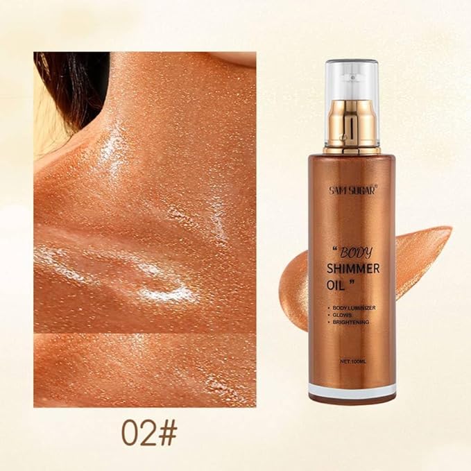 SAM SUGAR Shimmer Body Oil 3.38 Fl OZ Long Lasting Liquid Illuminator with Brush for Body Glow Illuminating Body Moisturizer 100ml Body & Face Highlighter for a Radiant Glow（02#）