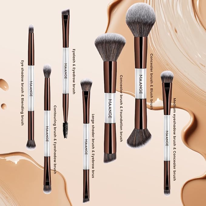 MAANGE 7 PCS Foundation Makeup Brush Set With Bag, Make up Brushes, Eyeshadow Concealer Brush, Double-ended Foundation Contour Powder Blush, Professional Face brush Set Tools For Liquid,Cream (Gray)