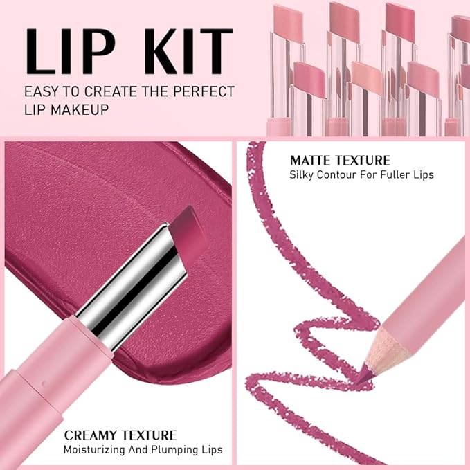 6Pcs Rose Red Dark Purple Matte Lip Liner & Lipstick Combo Set,Lips Kit with Lip Liner Lip Stains Long Lasting Waterproof Smudge Proof for Older Women 24 Hours Lipliners Pencil Lipstick Makeup Gift
