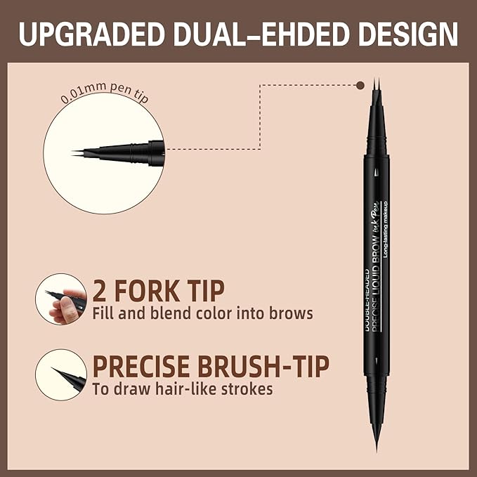 Microblading Eyebrow Pen, Dual-Ended Brow Pencil with 2-Fork-Tip and Precise Brush, Waterproof Longer Lasting Eyebrow Pencil, Microblade Eyebrow Pencil Create Natural Hair-Like Strokes (Dark Brown)