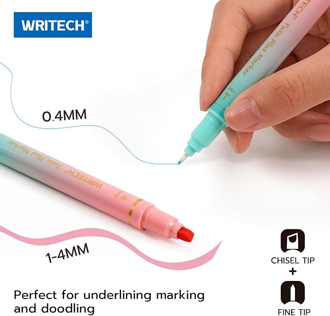 WRITECH Dual Tip Highlighter Markers: Aesthetic Fine & Chisel Tip Assorted Pastel Colors Marker Multicolor Pens Pack for Bible Highlighting Journaling Drawing 12ct