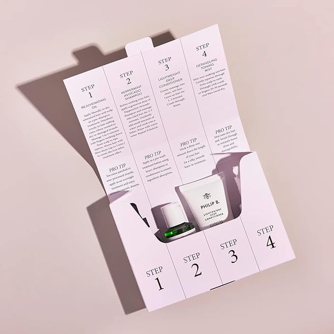 Philip B. 4 Step Discovery Kit - Includes Peppermint Avocado Shampoo, Rejuvenating Oil, Detangling Toning Mist & Lightweight Deep Conditioner, 2 fl oz Each