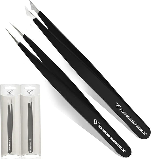 Professional Tweezers Pointed & Slanted for Eyebrow Stainless Steel 2, Pcs Set, Pointed Slant Tip Tweezers for Facial Hair, Plucking Removing Ingrown Hairs, Tweezer for Women Men (Black)