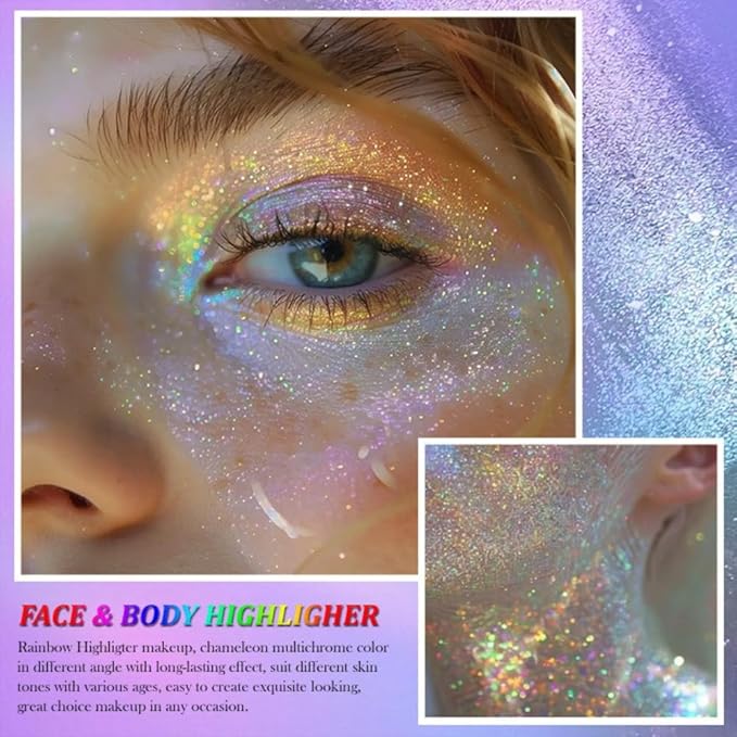 Chameleon Face Highlighter Palette, Multichrome Eyeshadow Shimmer Pigmented Powder, Holographic Sparkle Rainbow Highlighter(Rainbow)