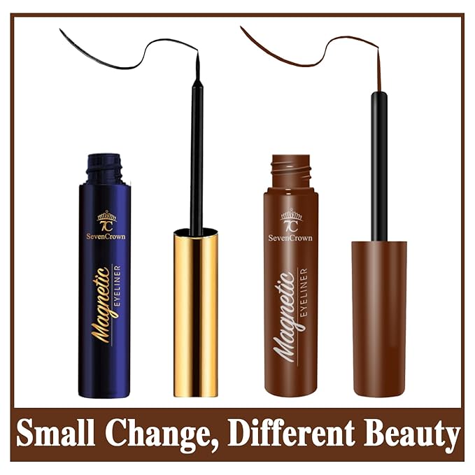 Magnetic Eyelashes Natural Look, 7 Pairs Reusable Cat-eye Medium Magnetic Lashes with 2 Tuble Magnetic Eyeliner （1 black+1brown) Vegan & Cruelty Free