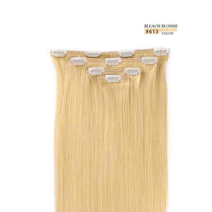 14" Clip in Hair Extensions Real Human Hair for Women - Silky Straight Human Hair Clip on 50grams 4pieces Bleach Blonde #613 Color
