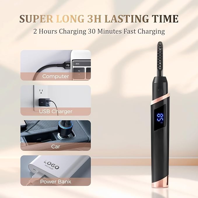 Heated Eyelash Curler for Women - Rechargeable Electric Eyelash Curler with 4 Heat Settings,Long-Lasting Curling Tool Includes Eyelash Brush,LED Display,Best for Women's Makeup (Black)
