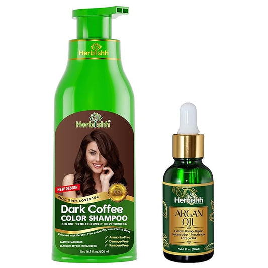 Herbishh Dark Coffee Hair Color Shampoo - 3-In-1 Magic Dye for Gray Hair 500 Ml + Essential Flower Hair Oil - Organic Formula for Dry, Damaged Hair 60 ML