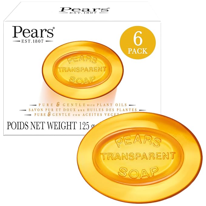 Pears Glycerin Soap, Transparent Amber with Natural Oils, 6-Pack – Pure & Gentle Cleanser for Soft, Glowing Skin, 4.4 Oz Ea