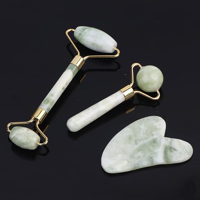 HOTACE Jade Roller for Face-3 in 1 Kit Facial Massager Tool Natural Jade Stone Facial Roller Anti Aging,Face Beauty Set for Eye Anti-Wrinkle-Green