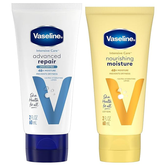 Vaseline Intensive Care Lotion Bundle – Advanced Repair Unscented Lotion & Nourishing Moisture Hand & Body for Extremely Dry Skin, 2 Oz Ea (2 Piece Set)