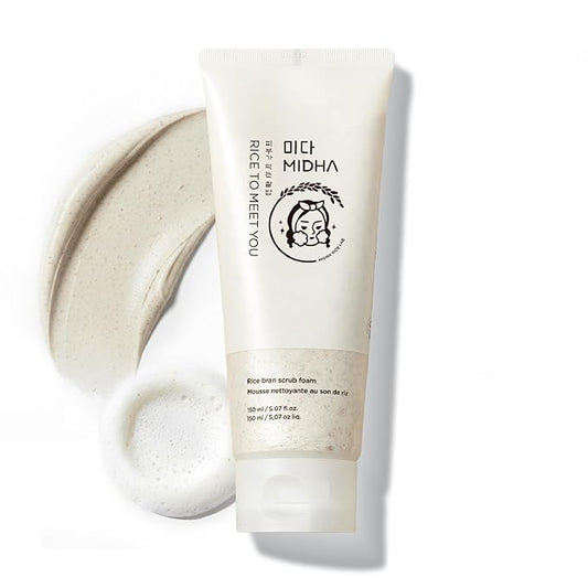 MIDHA RICE BRAN SCRUB FOAM 5.07fl.oz/150ml, Deep Cleansing, Pore-Purifying, Gentle Exfoliating – Soft Micro-Foam Face Wash with Balanced pH & Hydrating, Nourishing Care