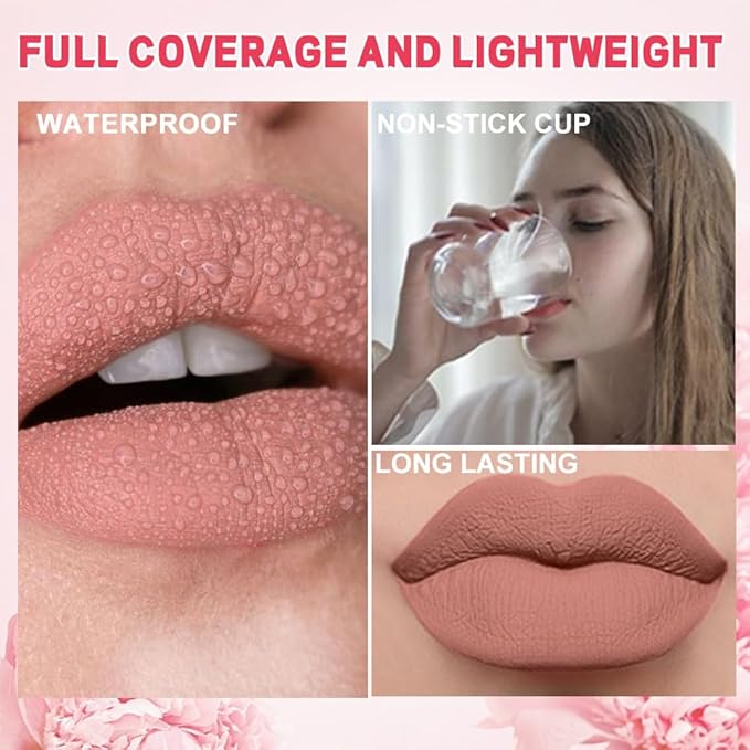 evpct 1Pcs Nude Matte Liquid Lipstick Lip Stain Sets for Women, Peony Flower Nude Brown Pink Matte+Lipstick Long Lasting Permanent 24 hr Hours Magic Lipstick 24 Hours original Waterproof, 01#