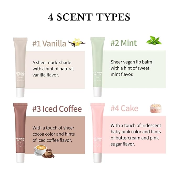 4 Flavors Lip Glossy Butter Balm Lip Tint Hydrating Lip Gloss, Soothes & Softens Dry Lips High Shine Nude Color Nourishing Lip Care Finish (01# Vanilla, 0.5oz)