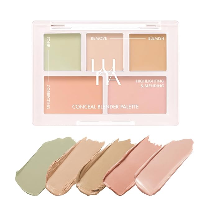 LUNA Conceal Blender Palette 01 Clear Cover 5-in-1 Color Correcting and Concealing with Beige, Green, Vanila, Medium Peach and Pure Bright Buildable, Suitable for Neutral and Warm Tones