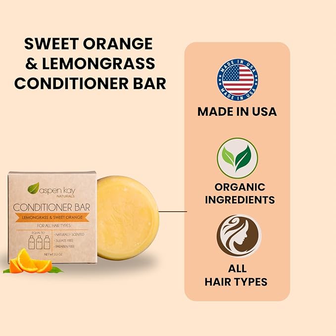 Solid Lemongrass & Sweet Orange Conditioner Bar, Natural & Organic, For All Hair Types Including Frizzy, Sulfate-Free & Cruelty-Free, 2.3 Ounce (2-Pack)