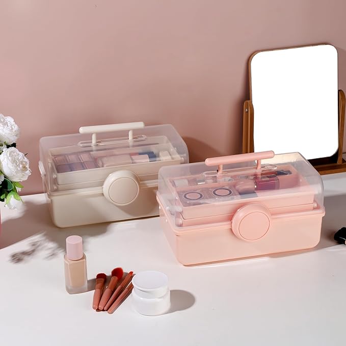 Pink Makeup Storage, Pink Tackle box for Women with Handle. Cosmetic Storage Box Organizer, Portable 3 Layers Makeup Case for Home